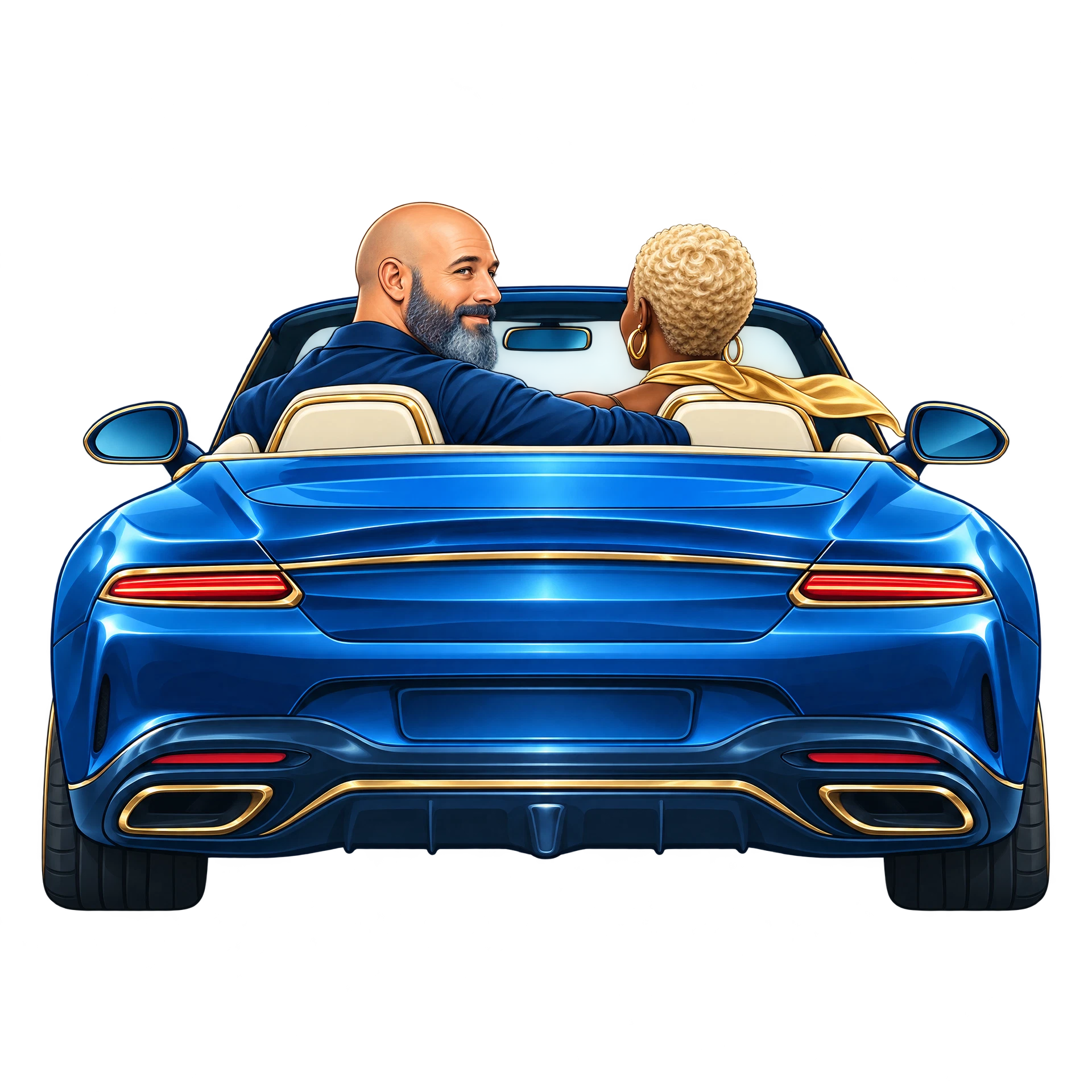 Illustrated blue convertible car logo with Jay's profile